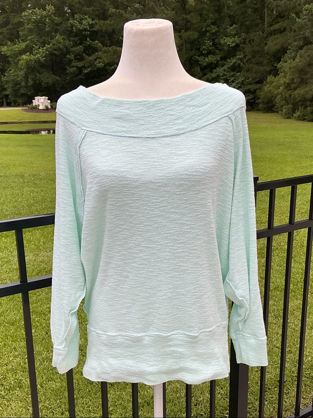 We The Free Mint Green Oversized Off-Shoulder Knit Top